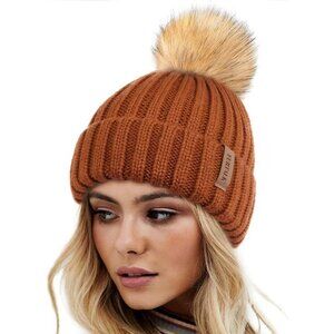Women's Orange Winter Warm Knitted Beanie Faux Fur Pom Knit Skull Style Hat Cap
